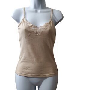 Vintage Abercrombie and Finch Womens Y2k 2000s Floral Tan Spaghetti Strap Camiso
